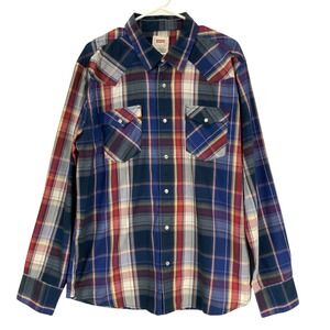Levi's Womens Plaid Snap Button Western Shirt XL Navy Red Yellow Long Sleeve